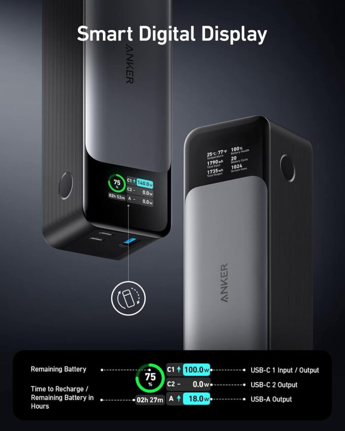 Anker 737 Power Bank, 24,000mAh 3-Port Laptop Portable Charger with 140W Fast Charging, Smart Display, Compatible with iPhone 17/16/15/14 Series, Vision Pro, Samsung, MacBook, and More - Image 4