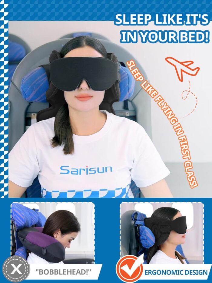 SARISUN Travel Pillows for Airplanes, Upgrade Airplane Neck Pillow with 3D Sleep Eye Mask for Budget Airlines, 360° Support Headrest, Portable Travel Essentials, Adjustable Airplane Head Strap, Black - Image 3