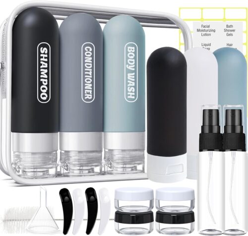 20 Pack Travel Bottles Set, TSA Approved Travel Size Toiletries Containers, Leak Proof Travel Shampoo and Conditioner Bottles, Refillable Travel Essentials Toiletry Bottles (Dark Color)