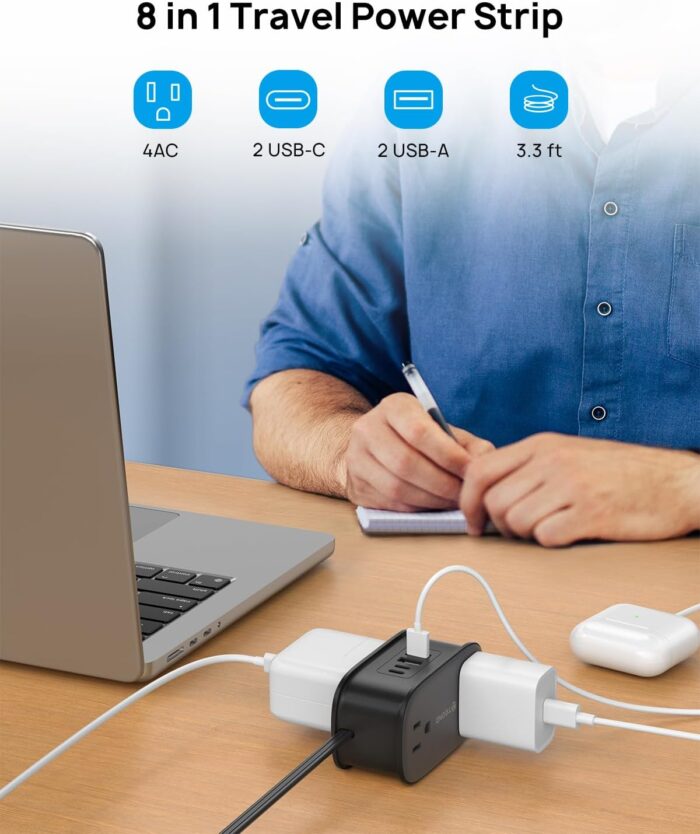 TROND Ultra-Thin Flat Plug Power Bar with 2 USB C, 3.3ft Short Extension Cord Wrapped Around, Cruise Ship Travel Essentials, 4 Multiple Outlets, Small Desk Charging Station for Dorm Room Essentials - Image 2