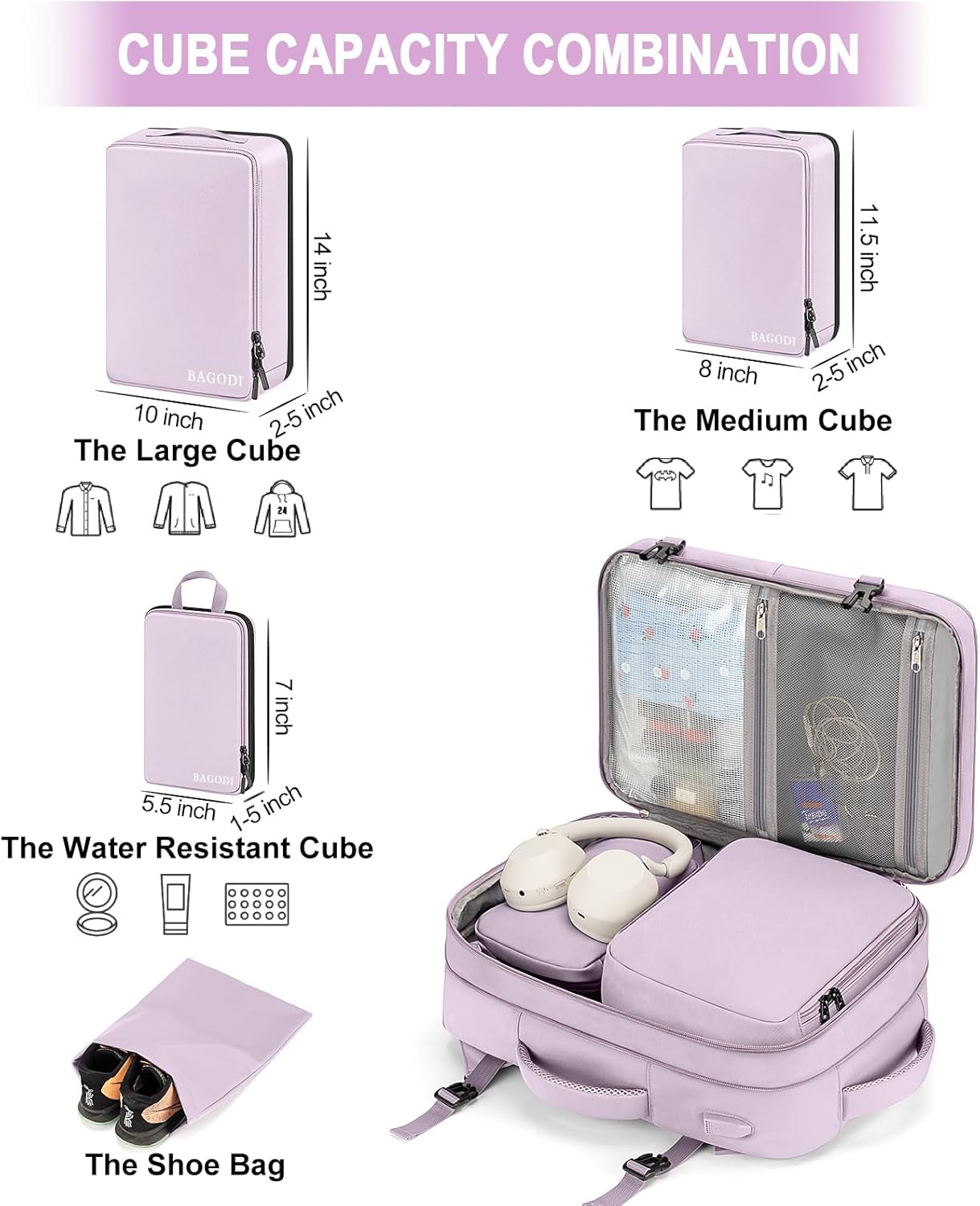 Carry on Backpack, Extra Large Travel Backpack Expandable Airplane Approved Weekender Bag for Men and Women, Water Resistant Lightweight Daypack(Purple (Backpack With 4 Packing Cubes)) - Image 5