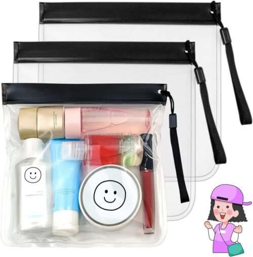 Clear Travel Toiletry Bag 20x20cm TSA Approved Liquids Bags 1L Eco Friendly Gifts Waterproof Travel Essentials Makeup Bag Cosmetic Bag Men Women (3pcs Black with Handle)
