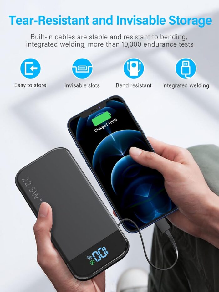 Portable Charger 32000mAh, BLJIB 22.5W QC 3.0 PD 20W Smart LED Display Fast Charging Built in Cables Power Bank, External Battery Pack Charge 5 Devices Compatible with Cellphones (Black) - Image 6