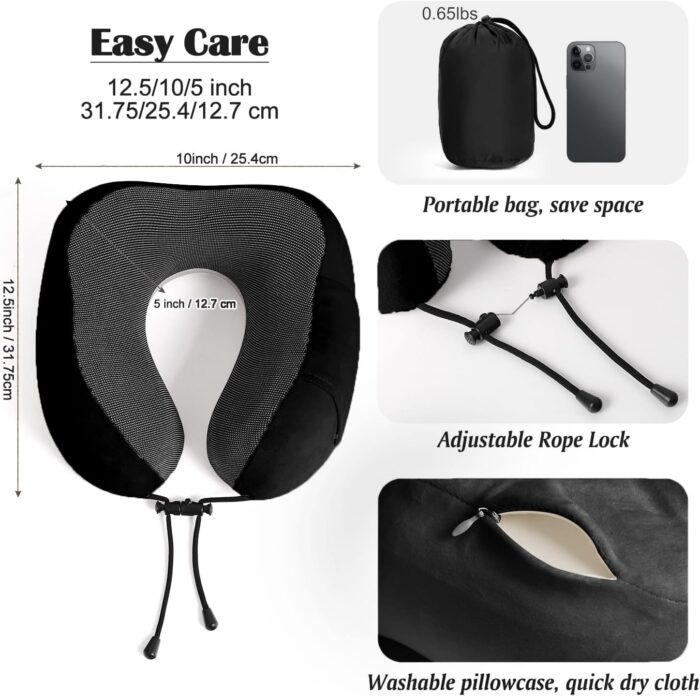 Travel Pillow 100% Pure Memory Foam Neck Pillow, Breathable & Machine Washable Cover, Neck Support Pillow with 3D Contoured Eye Mask, Earplugs & Portable Bag for Airplane Travel (Black) - Image 5