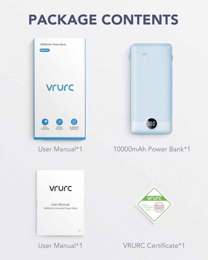 Power Bank Built-in Cables, VRURC 10000mAh Portable Charger USB C, Lightweight Charging Bank Built-in AC Plug, Replacement Battery Compatible with All Kinds of Cellphones, Tablet etc-Blue - Image 8