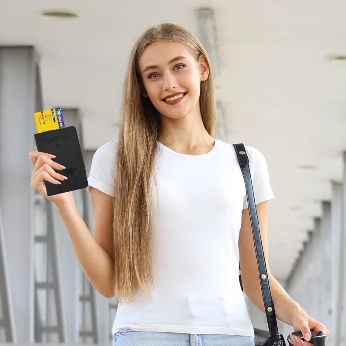 YAVIV Passport Holder for Women and Men, Premium Leather Travel Passport Wallet RFID Blocking Passport Cover, World Map-Black - Image 4