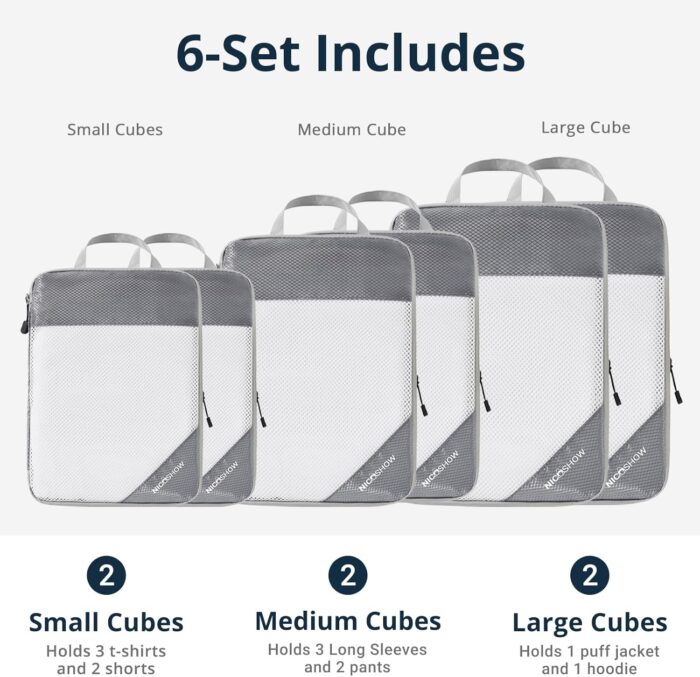 NICOSHOW 6 Set Compression Packing Cubes, Compressible Travel Packing Cubes Travel Essentials, Luggage Organizers for Carry-on Suitcase, Travel Bag Organizer, Grey - Image 3