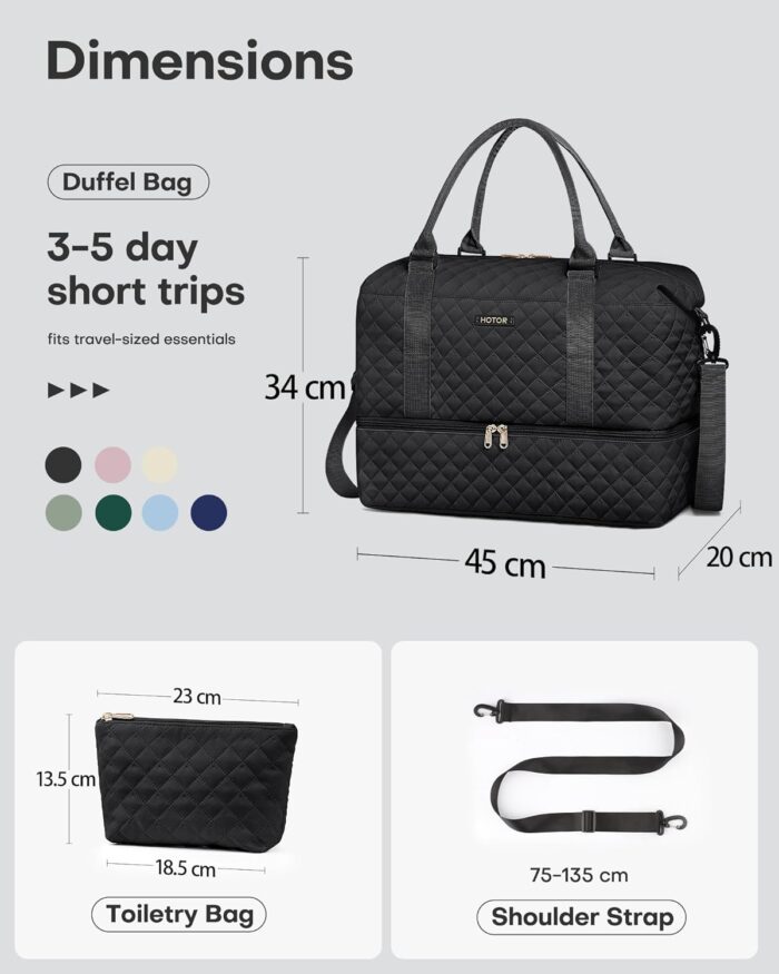 HOTOR Travel Duffel Bag - Large Weekender Bags for Women, Carry On Bag with Shoe Compartment, Overnight Bag with Toiletry Bag for Travel Essentials and Travel Accessories, Black, 34.0 x 45.0 x 20.0 cm - Image 8