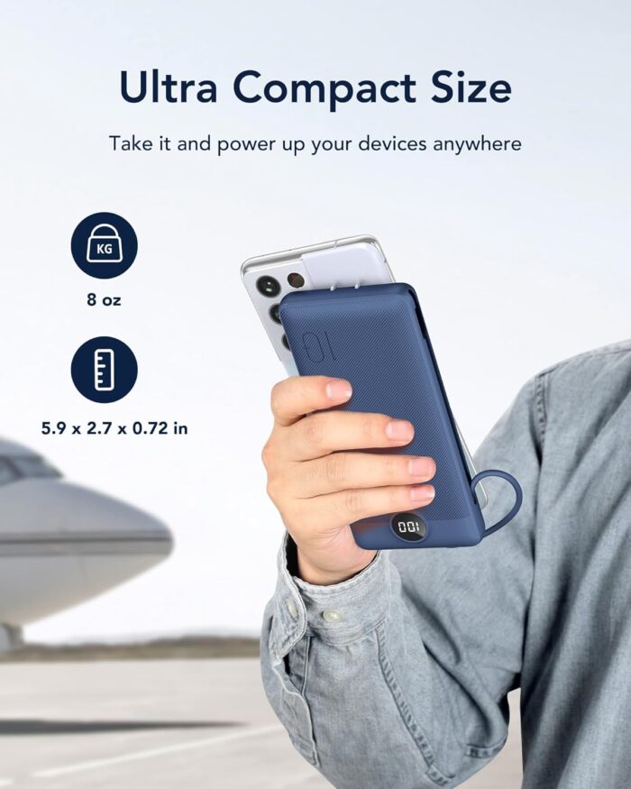 VEGER Portable Charger, 10000mAh Power Bank with Built-in Cables & Wall Plug, USB C Phone Chargers 5 Outputs 2 Inputs, Compact External Battery Pack Compatible with iPhone, Samsung, Google, iPad(Navy) - Image 8