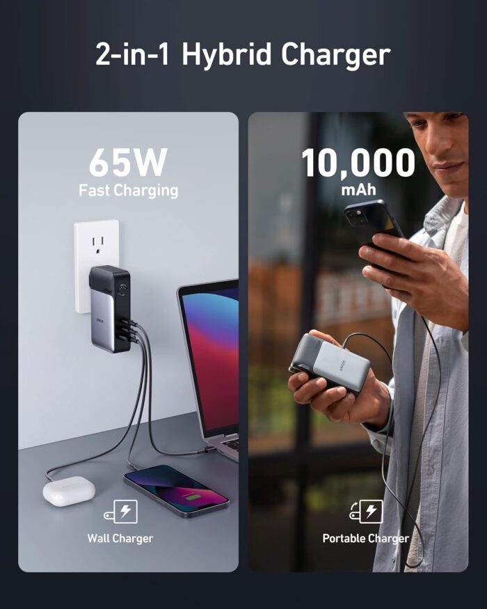 Anker GaNPrime Power Bank, 2-in-1 Hybrid Charger, 10,000 mAh 30W USB-C Portable Charger with 65W Wall Charger, Works for iPhone 15/15 Plus/15 Pro/15 Pro Max/14/13, Samsung, Pixel, MacBook, Dell - Image 3