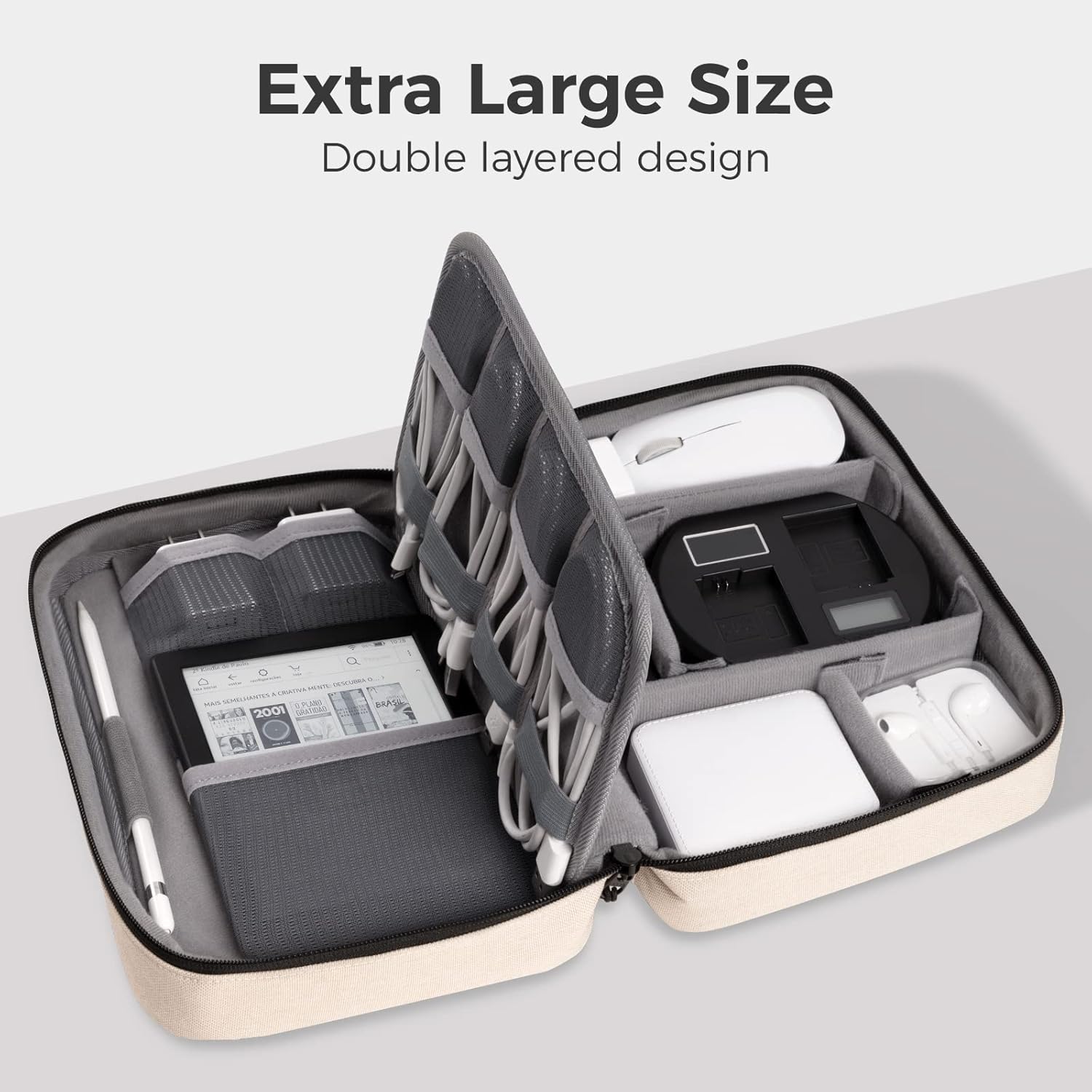 pack all Electronic Organizer Plus, Larger Capcity Cable Organizer Bag, Shockproof Carrying Case, Portable Cord Travel Organizer Storage Bag for Cables, Chargers, Phones, USB, SD Cards(Beige) - Image 4