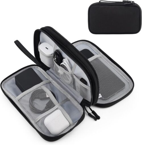 Portable Electronics Travel Organizer with Double Layer Design, Waterproof Electronic Organizer to Hold USB Flash Drive, Cords, Chargers, Phones, Earphones, Power Banks, Mouse, and SD Card Black