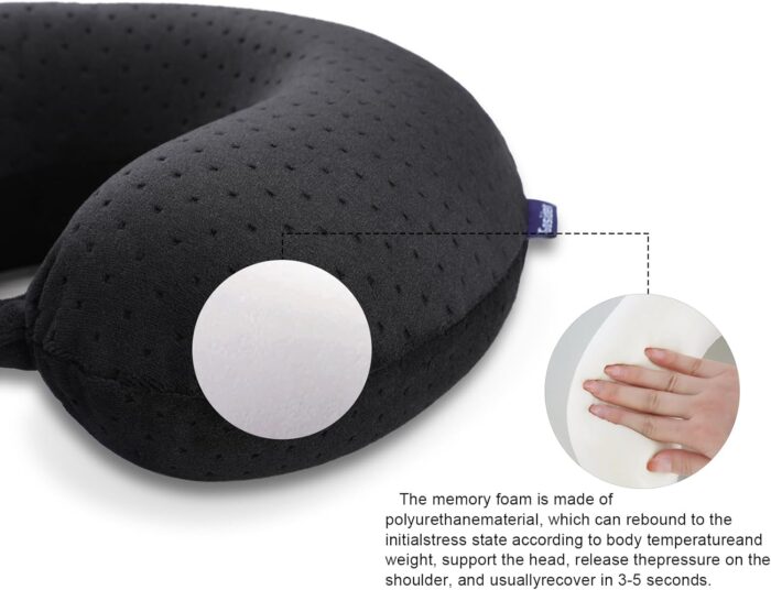 Black Travel Neck Pillow Memory Foam Airplane Pillow for Neck and Head Support Soft Portable U Shape Neck Pillow for Plane, Car & Home Office Use - Image 5