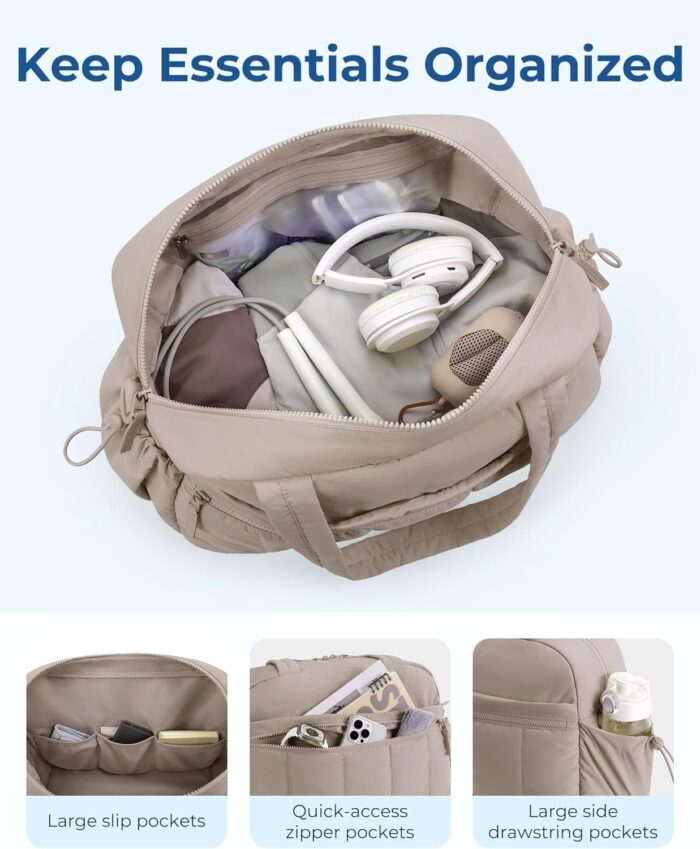 BAGSMART Gym Bag for Woman, 24L Carry on Travel Duffle Bag with Wet Pocket, Water Resistant Weekender Bags for Sports, Trips, Camel - Image 3