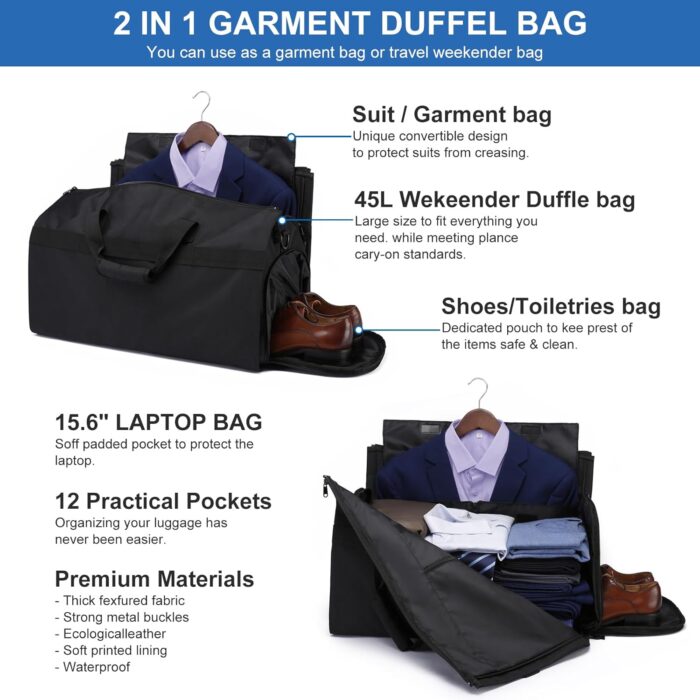 Garment Bags for Travel Large Suit Bag for Men Convertible Garment Duffle Bag for Men Women with Shoes Compartment, Carry On Garment Duffel Bag 2 in 1 Hanging Dress Suitcase Suit Travel Bags, Black - Image 4