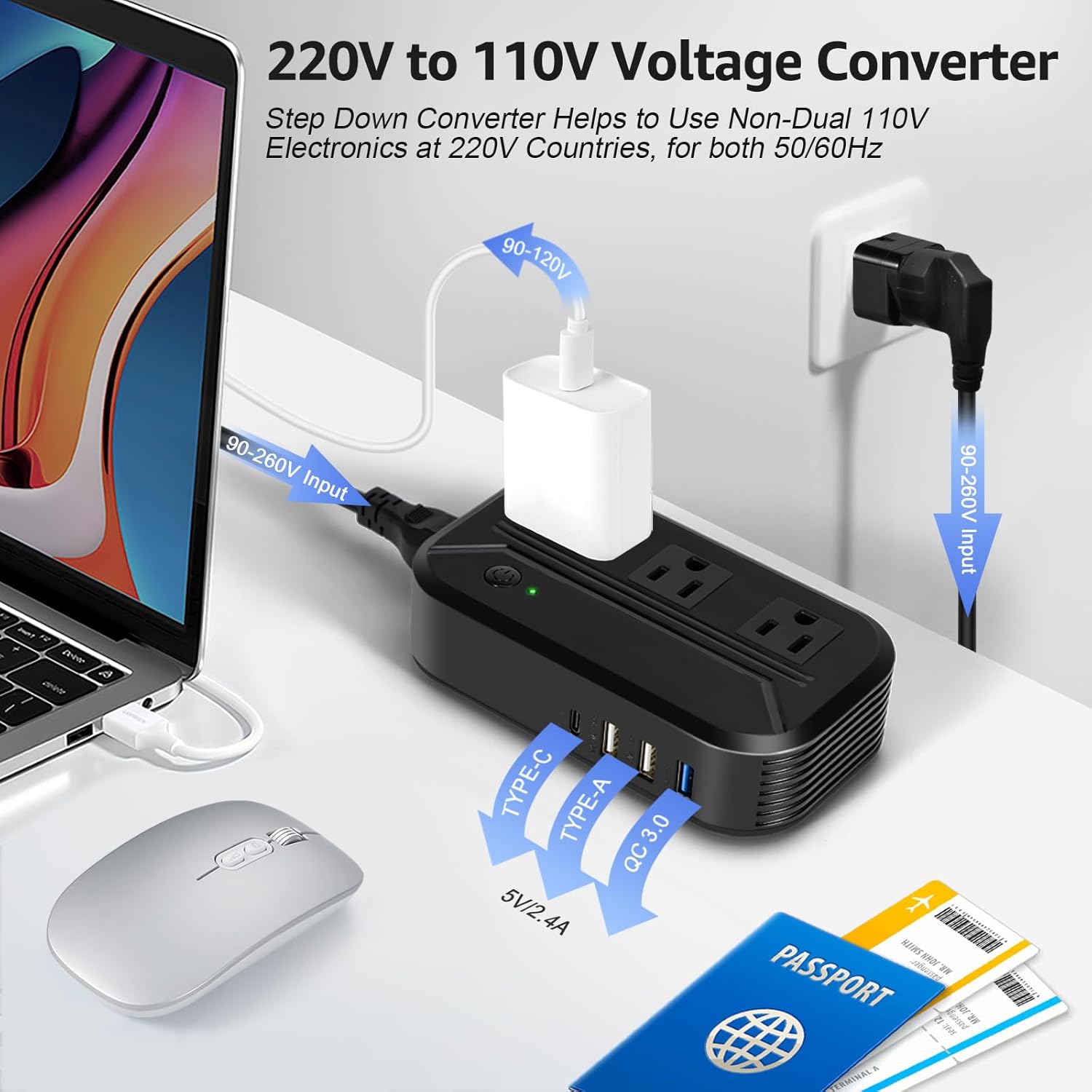 Power Converter 2300W International Step Down Voltage 220V/240V to 110V/120V w/ 4 USB 3 AC Outlets 7 Travel Plug Adapter EU/US/AU/IT/UK/IN/S. Africa for Phone Tablet Camera Laptop and More Electronics - Image 2
