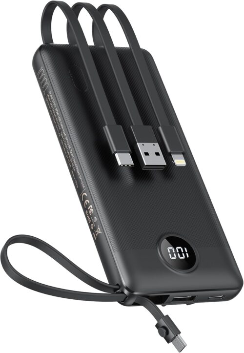 VEEKTOMX Power Bank with Built-in Cables 10000mAh Portable Charger for iPhone Slim Fast Charge USB C Battery Pack Travel Essentials Powerbank Compatible with iPhone 17 16 15 14 13 12 Samsung Google