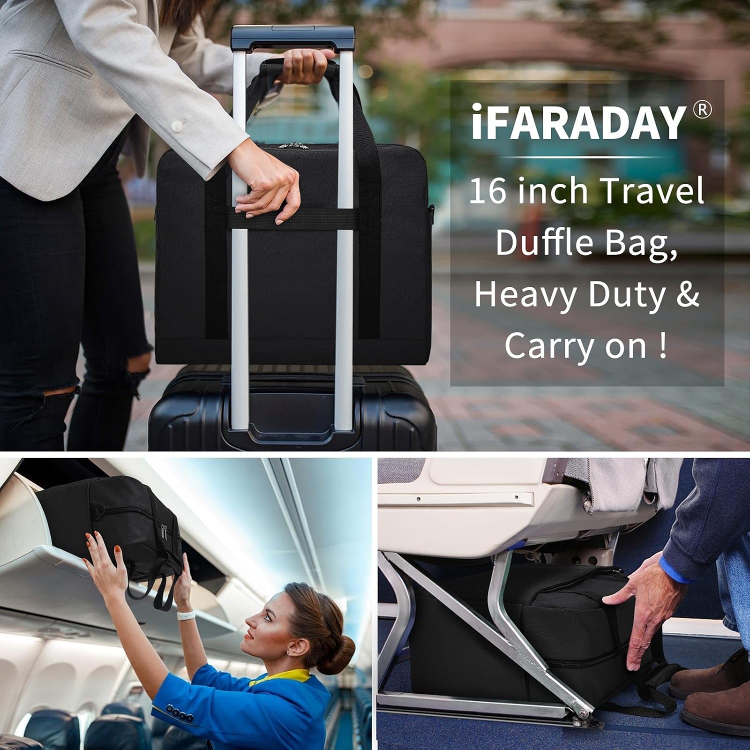 iFARADAY Carry on Duffle Bag for Travel - 16x7x12.5 Airline Approved Personal Item Travel Bag with Shoulder Strap for Men and Women (Black) - Image 4
