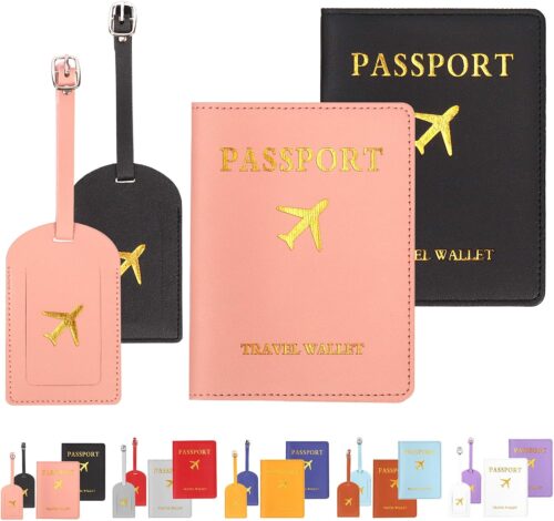 Rustark 4Pcs Black and Pink Passport Covers and Luggage Tags Set, Leather Passport Holder Travel ID Tag Suitcase Tags for US Passport Men Women Traveling