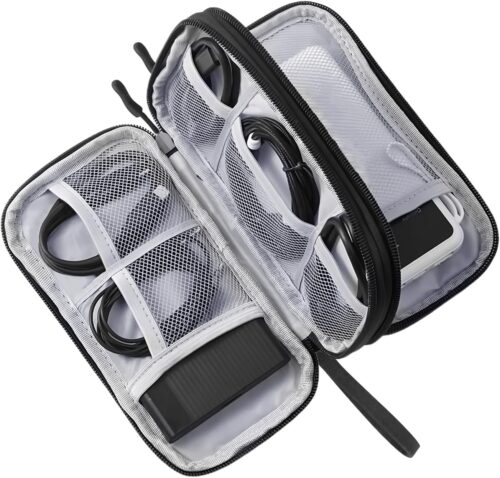 Electronics Travel Organizer, Double Layer Travel Cord Organizer Case Pouch, Waterproof Portable Cable Organizer Bag for SD Card, Phone, Earphone (Black)