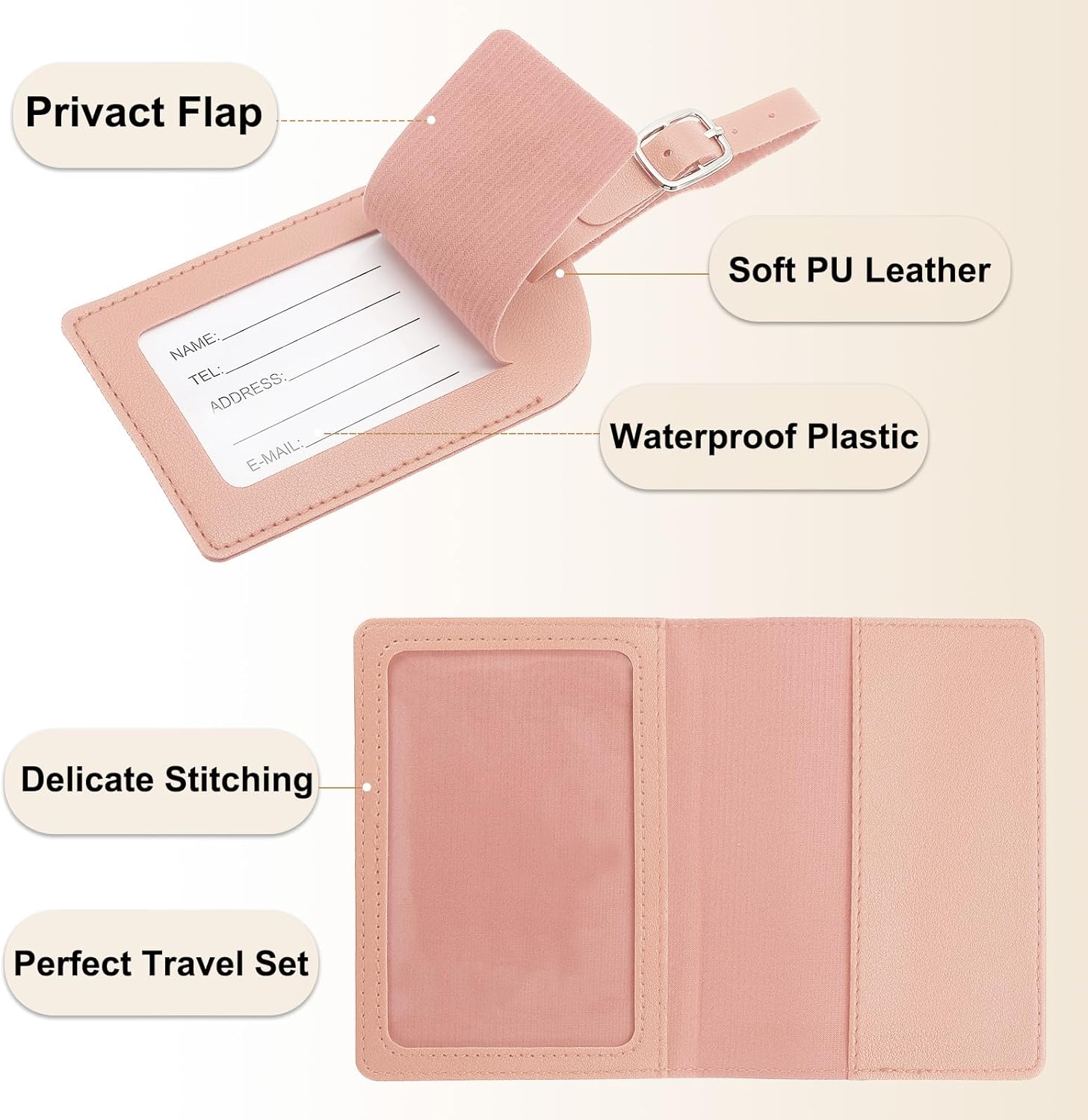 PATIKIL Passport Cover Holder and Luggage Tag Set, PU Leather Passport Case Holder Travel Tag Suitcase Identifier Travel Accessories for Men Women, Pink - Image 3