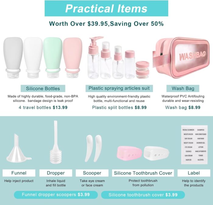 18 Pcs Travel Bottles for Toiletries Gym TSA Approved, Leak Proof with Bandage Silicone Squeezable 3oz for Toner Shampoo Conditioner Lotion Body Wash with Funnel Toothbrush Cover Tag and Wash Bag - Image 2