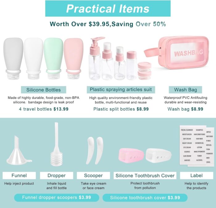 18 Pcs Travel Bottles for Toiletries Gym TSA Approved, Leak Proof with Bandage Silicone Squeezable 3oz for Toner Shampoo Conditioner Lotion Body Wash with Funnel Toothbrush Cover Tag and Wash Bag - Image 4