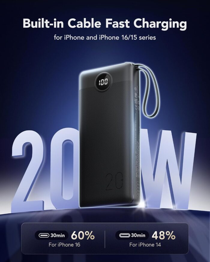 20000mAh Power Bank with Built-in Cables, Portable Charger 22.5W Fast Charging, VRURC Powerbank External Battery Pack 4 Output 2 Input PD & QC LED Display Compatible with iPhone Samsung Tablet,Black - Image 3