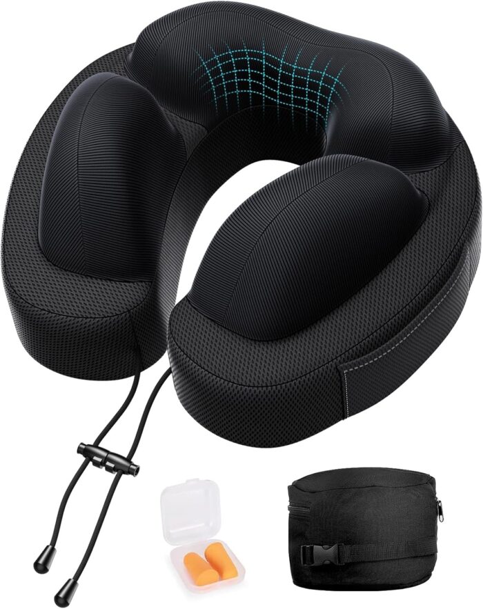 JINXIA Travel Pillow for Neck,Travel Neck Pillow Memory Foam for Plane Cars Trains Office,Breathable Fabric&Lightweight for Neck Perfect Support Pillow with Carry Bag,Earplugs-Black