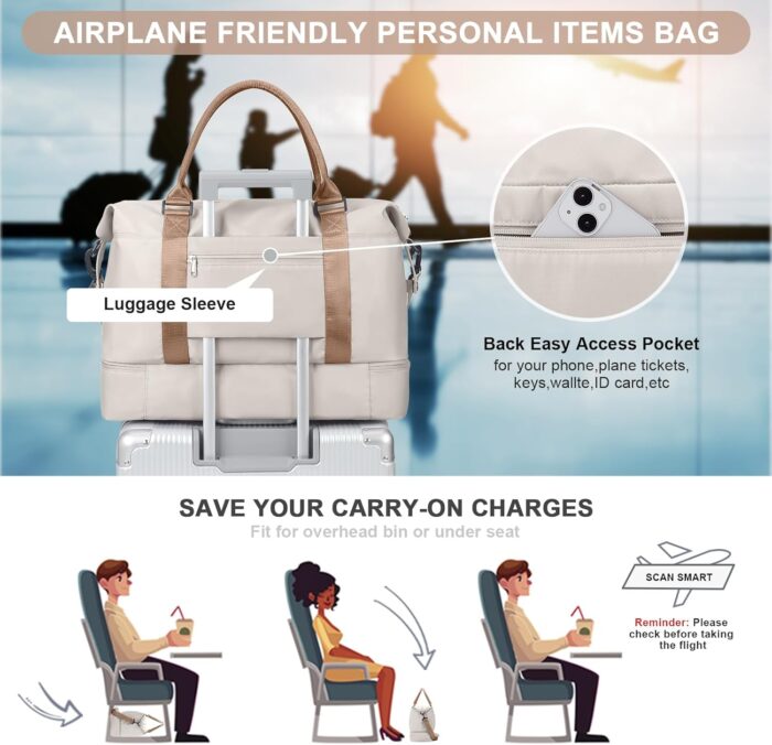 BJLFS Weekender Bag for Women Travel Duffel Bag with Shoes Compartment Lightweight Carry on Luggage Bag for Airplanes Overnight Duffle Bag Waterproof Beach Bag Sports Gym Tote Beige Brown - Image 4
