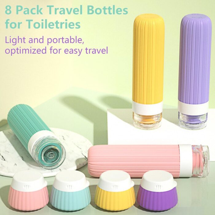 8 Pack Travel Bottles for Toiletries,3oz Leakproof Silicone Containers with 2oz Cream Jars & Clear Toiletry Bag | Squeezable, BPA-Free, Waterproof Labels | Perfect for Shampoo, Lotion, Cosmetics - Image 2