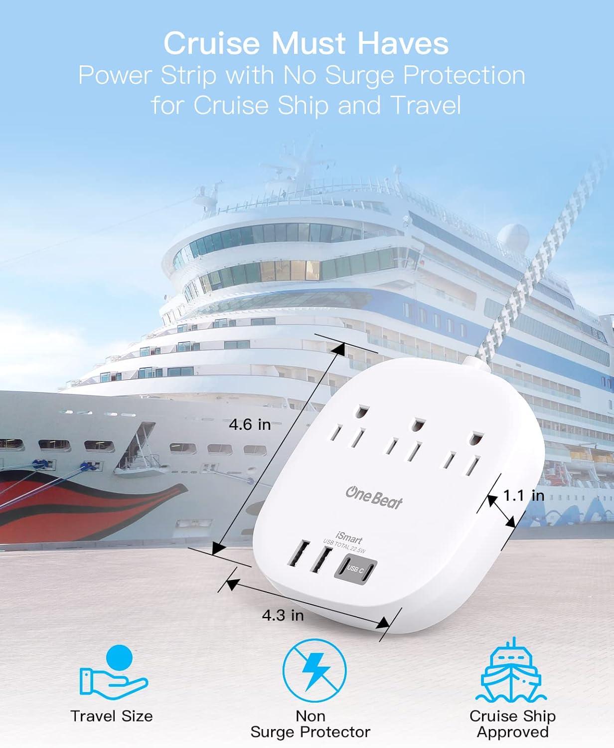 One Beat Flat Plug Power Bar with USB C, 5FT Ultra-Thin Extension Cord, 3 Outlet with 4 USB Ports (2 USB C) Desktop Charging Station, No Surge Protection for Cruise Ship, Travel Essentials, Dorm Room - Image 5