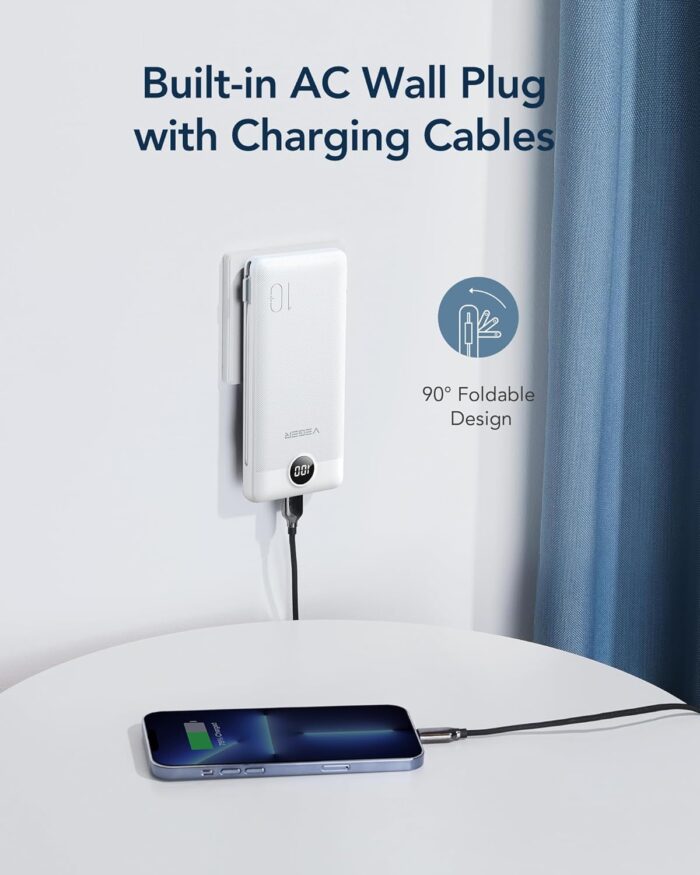 VEGER Portable Charger, 10000mAh Power Bank with Built-in Cables&Wall Plug, USB C Phone Chargers 5 Outputs 2 Inputs Travel Essentials, Slim External Battery Pack Compatible with iPhone, Android(White) - Image 3