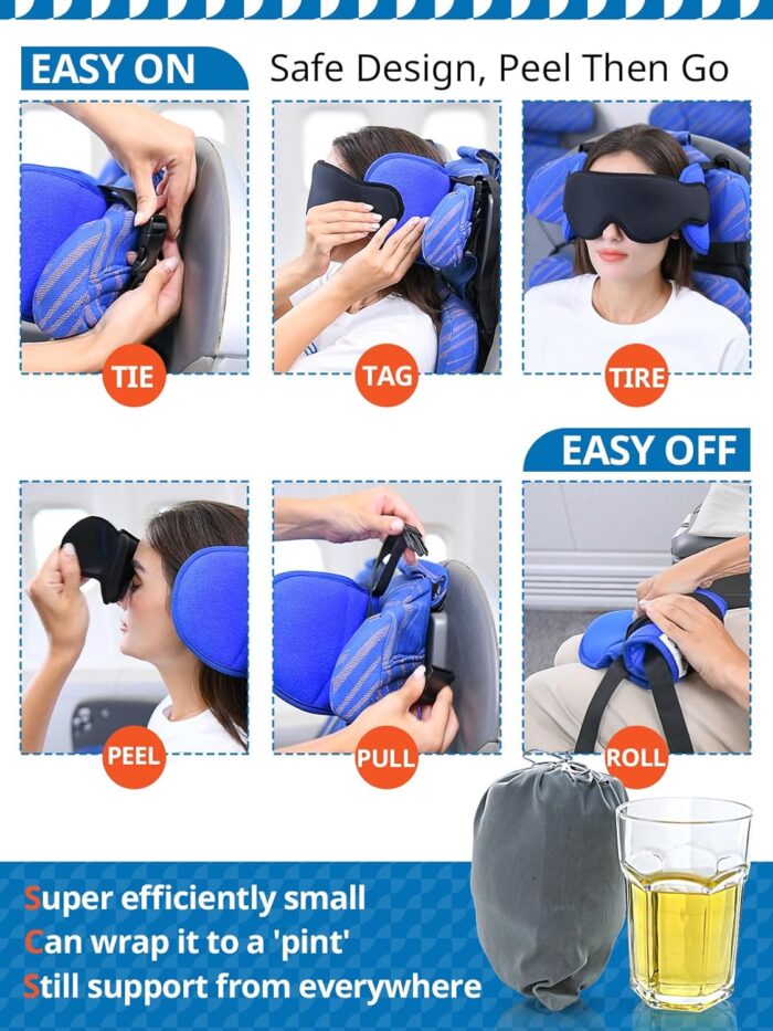 SARISUN Travel Pillow, Neck Pillow with Eye Mask, Airplane Pillow for Long Flight Sleeping Travel, Kids Travel Pillow for Car, Road Trip Car Headrest, Stop Bobblehead, Neck Pain Relief, Black - Image 4