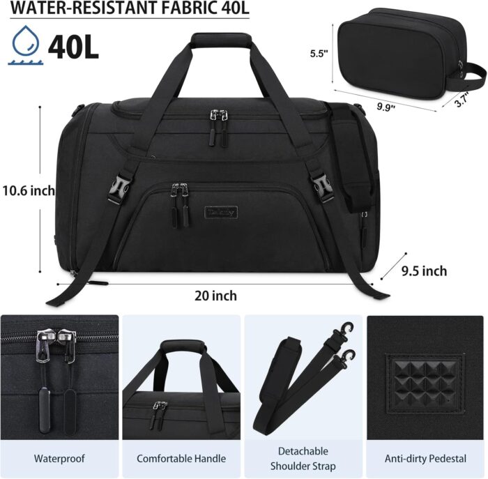 40L Travel Duffle Bag Waterproof Carry on Duffel Bag Weekender Duffle Bags Large Sport Gym Bag Overnight Bag for Men and Women with Shoe Compartment and Toiletry Bag, Black - Image 2
