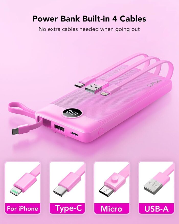 Portable Charger 10000mAh,VRURC Slim LED Display Power Bank, 5 Output 2 Input Cell Phone Battery Pack, Built-in Micro & USB C Cables Phone Charger Compatible with iPhone,Samsung,Android etc-Rose Red - Image 2