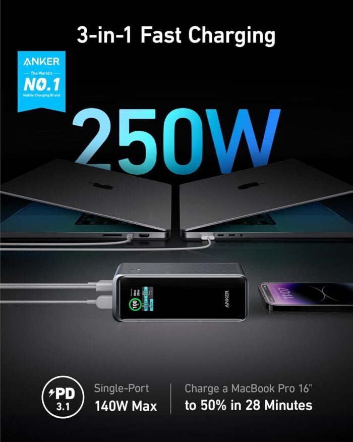 Anker Prime Power Bank, 27,650mAh 3-Port 250W Portable Charger for Travel, TSA-Approved, Smart App, for MacBook Pro/Air, iPhone 17/16/15/14 Series, Laptops and More (Charging Base Not Included) - Image 2
