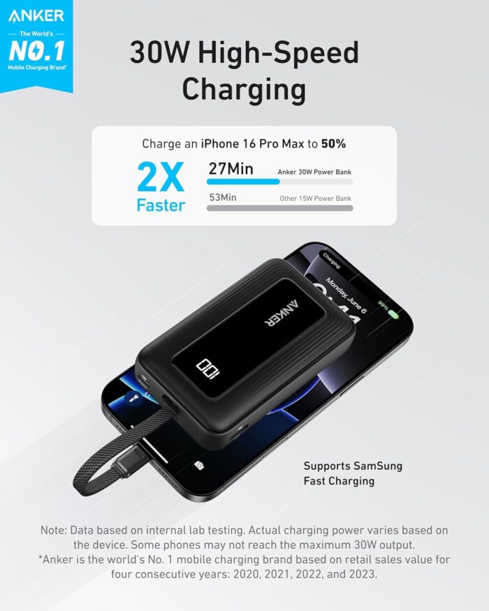 Anker Portable Charger, 10,000mAh 30W Power Bank, USB-C in and Out Fast Charging Battery Pack, Travel Essential Phone Power Bank, for iPhone 17/16/15/14/13/12, iPad, MacBook, Galaxy, Google, and More - Image 2