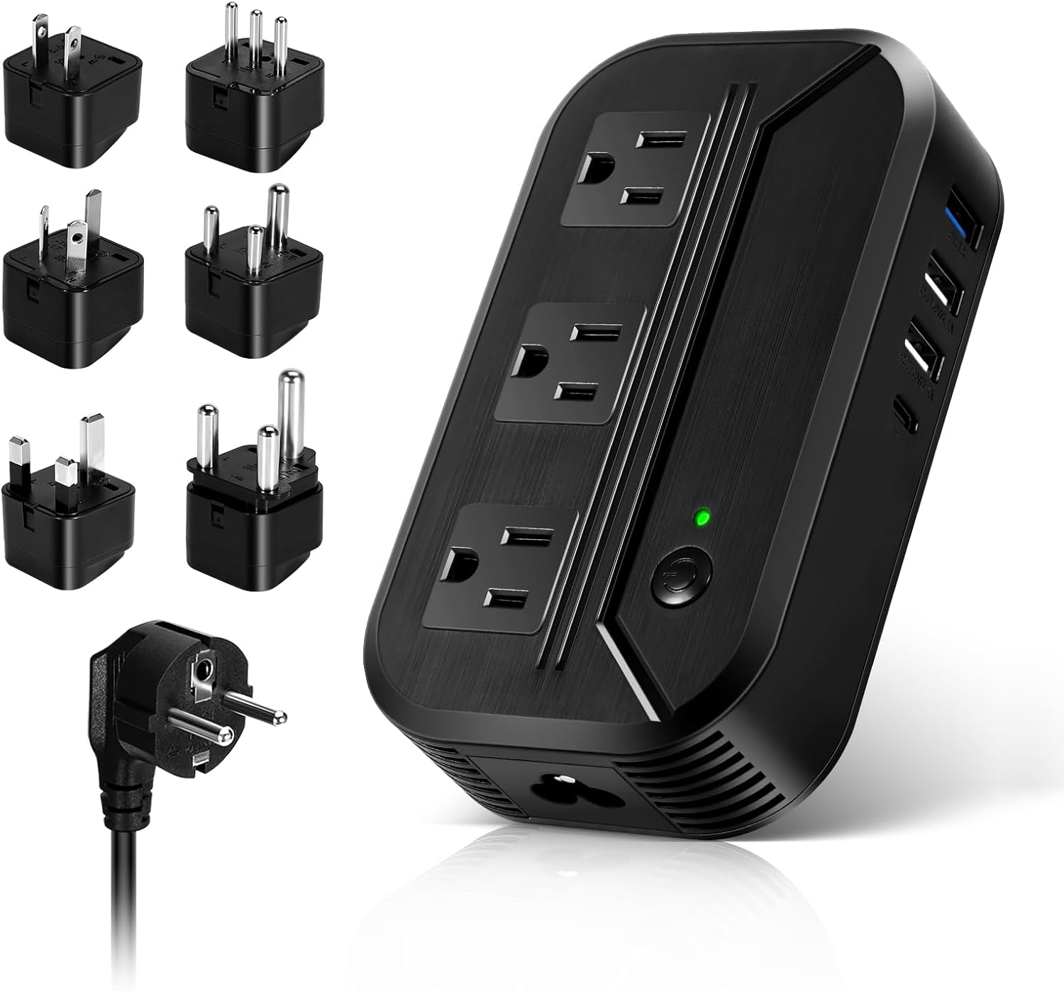 Power Converter 2300W International Step Down Voltage 220V/240V to 110V/120V w/ 4 USB 3 AC Outlets 7 Travel Plug Adapter EU/US/AU/IT/UK/IN/S. Africa for Phone Tablet Camera Laptop and More Electronics