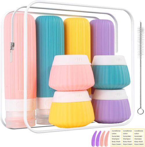 Travel Bottles for Toiletries 8 Pack, Leak Proof Travel Size Toiletries & Jars with Clear Bag for Airplane, TSA Approved Silicone Refillable Bottles for Vacation Travel Essentials
