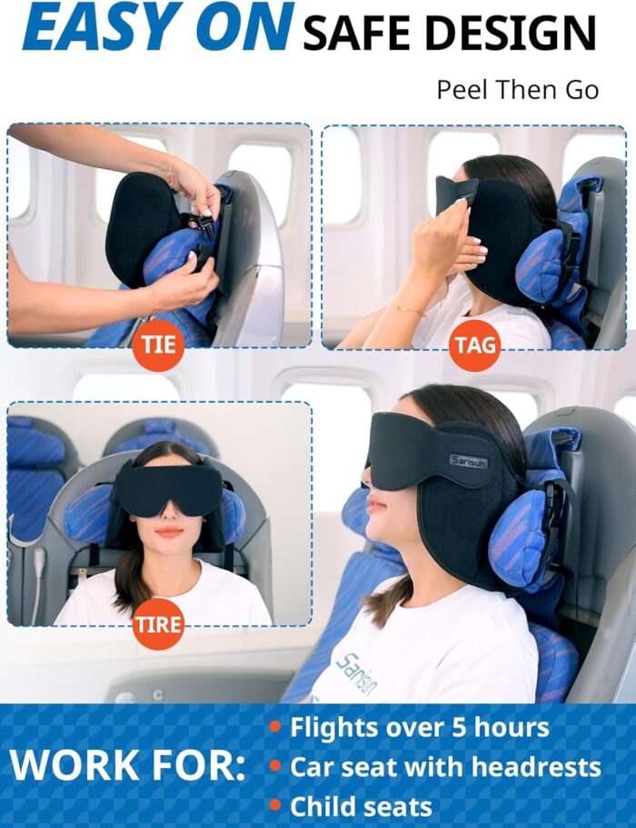 SARISUN Travel Pillow, Upgrade Airplane Pillow for Long Flight, 360° Support Headrest, Comfortable Travel Neck Pillow with Sleep Eye Masks, Portable Airplane Travel Essentials, Stop Bobblehead, Black - Image 7