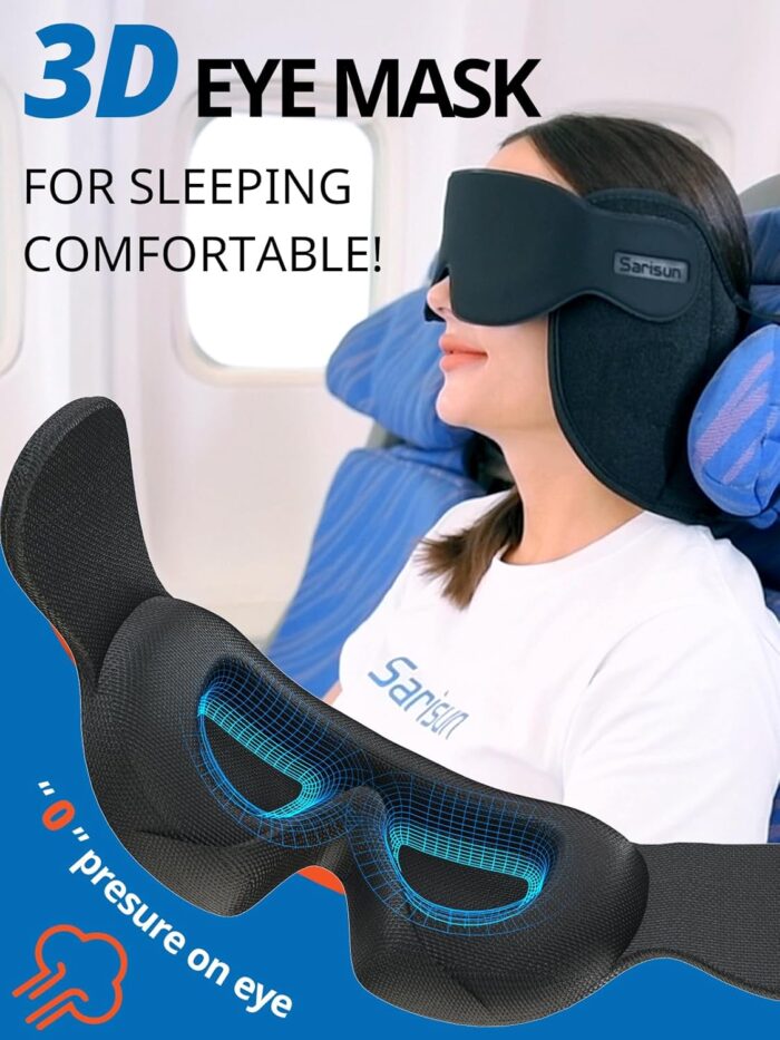 SARISUN Travel Pillow, Upgrade Airplane Pillow for Long Flight, 360° Support Headrest, Comfortable Travel Neck Pillow with Sleep Eye Masks, Portable Airplane Travel Essentials, Stop Bobblehead, Black - Image 4