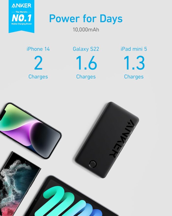 Anker Power Bank, 10,000mAh Portable Charger (PowerCore PIQ), High-Capacity Battery Pack for iPhone 15/15 Plus/15 Pro/15 Pro Max/14/14 Pro/Samsung/Pixel/LG (Cable and Charger Not Included)(Black) - Image 2