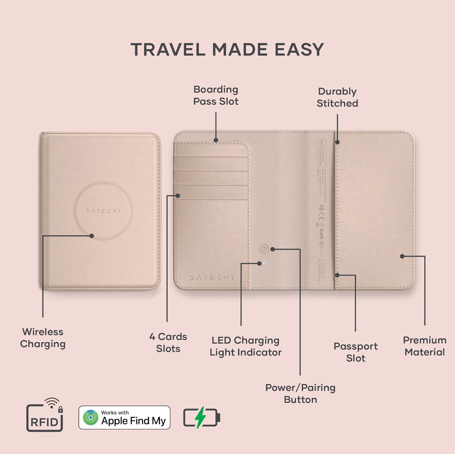Satechi Passport Holder for Travel with Find My, Passport Cover with 4 Card Holder, Wireless Charging, and RFID Protection – Travel Essential Vegan Leather Passport Holder – Desert Rose - Image 2