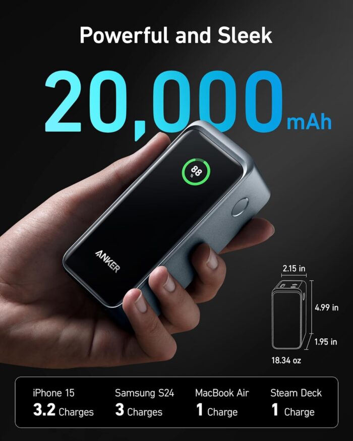 Anker Prime Power Bank, 20,000mAh 200W Portable Laptop Charger for Travel, TSA-Approved, Smart Digital Display, 2 USB-C and 1 USB-A Port, for iPhone 16/15/14 Series, Samsung, MacBook, and More - Image 4