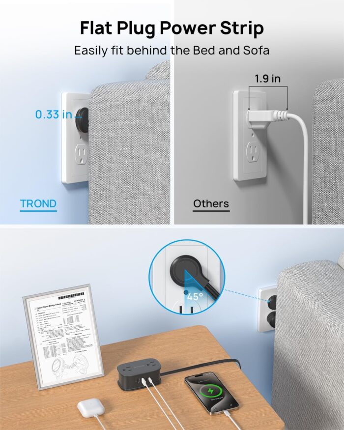 TROND Ultra-Thin Flat Plug Power Bar with 2 USB C, 3.3ft Short Extension Cord Wrapped Around, Cruise Ship Travel Essentials, 4 Multiple Outlets, Small Desk Charging Station for Dorm Room Essentials - Image 4