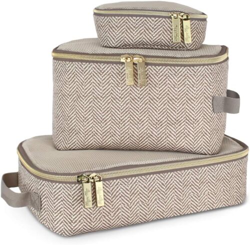 Itzy Ritzy Packing Cubes For Travel – Set of 3 Packing Cubes or Travel Organizers; Each Travel Cube Features a Mesh Top, Double Zippers and a Fabric Handle (Taupe)