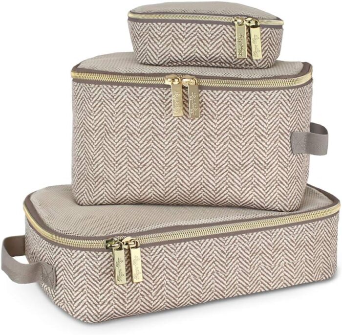 Itzy Ritzy Packing Cubes For Travel – Set of 3 Packing Cubes or Travel Organizers; Each Travel Cube Features a Mesh Top, Double Zippers and a Fabric Handle (Taupe)
