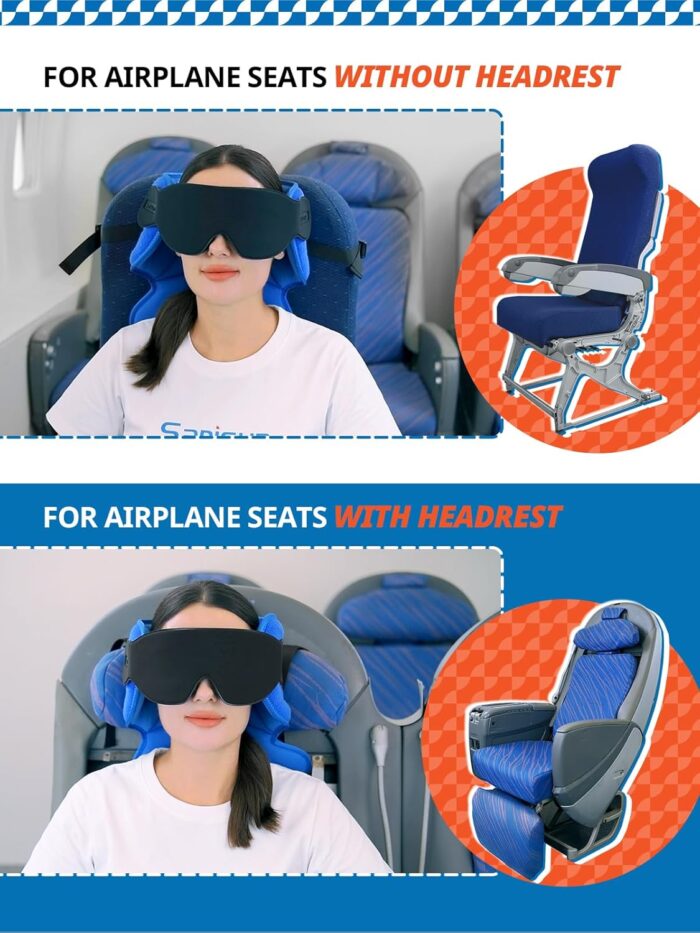 SARISUN Travel Pillows for Airplanes, Upgrade Airplane Neck Pillow with 3D Sleep Eye Mask for Budget Airlines, 360° Support Headrest, Portable Travel Essentials, Adjustable Airplane Head Strap, Black - Image 2