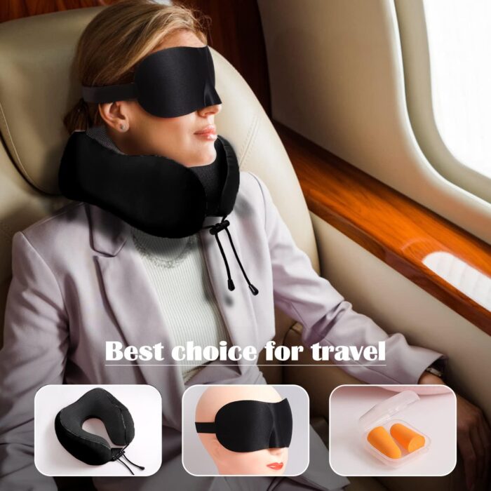 Travel Pillow 100% Pure Memory Foam Neck Pillow, Breathable & Machine Washable Cover, Neck Support Pillow with 3D Contoured Eye Mask, Earplugs & Portable Bag for Airplane Travel (Black) - Image 3